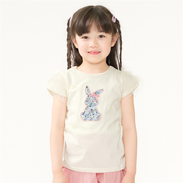 うさぎアップリケ・ネックレス風刺繍半袖Tシャツ(オフホワイト-80cm)