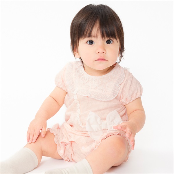リボンポシェット風半袖ロンパース(ピンク-70cm)